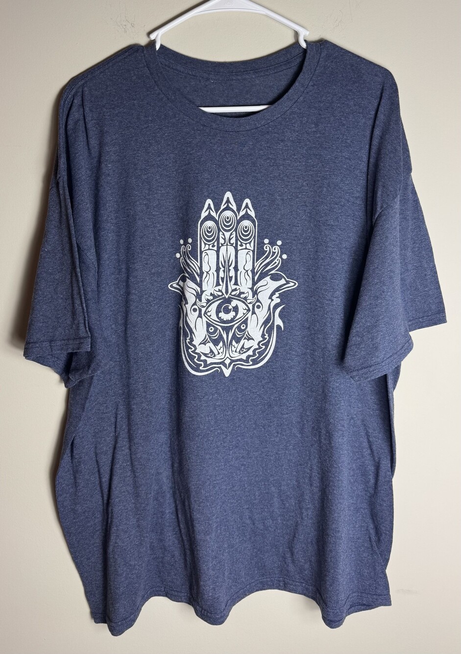 Blue Medium Cotton Blend Short Sleeve T-Shirt with White Graphic Hand Design